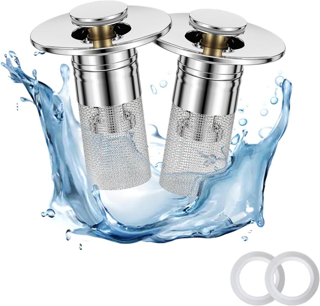 Pop Up Sink Drain Strainer, Bathroom Sink Drain Stopper with Removable Stainless Steel Drain Hair Catcher Basket, Universal Bathroom Sink Stopper Replacement, Drain Plug Filter (2PCS)