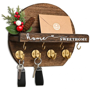 LEIRUOTM Key Holder for Wall, Key and Mail Holder Organizer with - Key Holder Wall Mount - Round Wooden Rustic Home Decor for Entryway, Mudroom, Hallway, Kitchen Office (Brown&Gold)