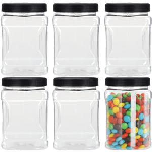 Lawei 6 Pack Clear Plastic Square Jars - 32 Oz Containers with Easy Grip Handles for Dry Goods, Cookies, Candy and More