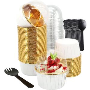 50 Pack Jumbo Cupcake Cups with Lids,LNYZQUS 5oz Foil Cupcake Muffin Liners,Disposable Ramekins Pans Muffin Tins,Large Baking Cups Cupcake Wrappers Holders -White in gold