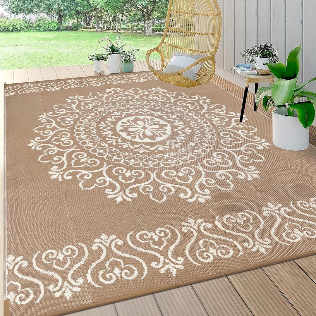 Pauwer Outdoor Rug 8x10, Waterproof Plastic Straw Camping Rug, Floral Brown