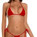 Oneheekini Women Sexy Halterneck Tiny Mini Micro Bra Charming Bikini G String Bottom Beachwear 2 Pieces (Red), One Size 