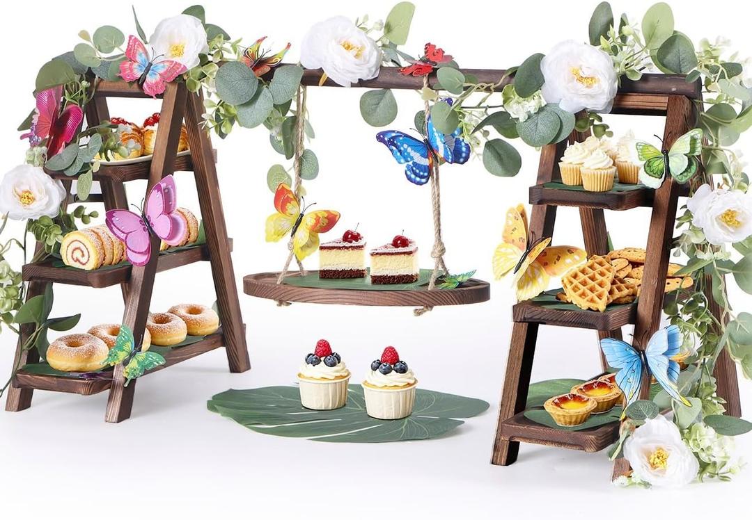 Wooden 3 Tier Cupcake Stand with Flower Vine, Palm Leaves & Decorative Butterflies, Cupcake holder for Tea Party Supplies, Serving trays for party perfect for dessert cups and charcuterie cups