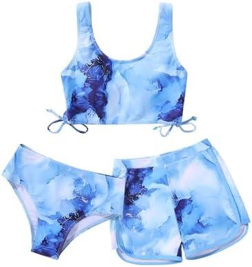 Girl's 3 Piece Bikini Bathing Suit Printed Sport Swimsuits with Shorts Cove Up Sets Teen Girl's Swimwear 13-14 Y