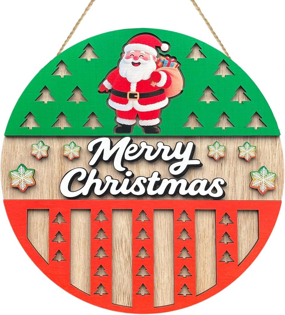 2 x Christmas Door Hanging Sign Decorations, 3D Wooden Merry Christmas Wall Hanger Decor Snowflakes Santa Claus Wreath Front Door Signs for Porch Wall Indoor Outdoor Decor