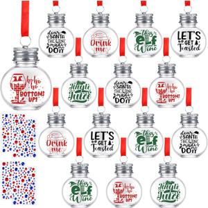 Aodaer 48 Pack Christmas Booze Balls Ornament Fillable Drink Balls with Stickers Clear Round Christmas Tree Decor Ball Water Bottle Bulbs Juice Bottles for Xmas Holiday Party DIY Crafts, Silver
