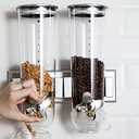 DOONARCES 3L Wall Mount Double Cereal Dispenser, Dual Control Food Dispensers Dry Food Storage Container with 2Cups for Coffee Bean Rice Candy Oatmeal Nuts, ABS Material (Silver), Dispensers 1Broken 1new