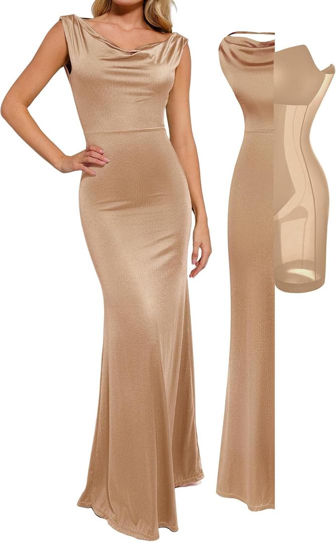 Popilush Women's Elegant Maxi Dress - Sleeveless Formal Cocktail Party Shapewear Dresses with Built-in Bra (Large, Champagne)