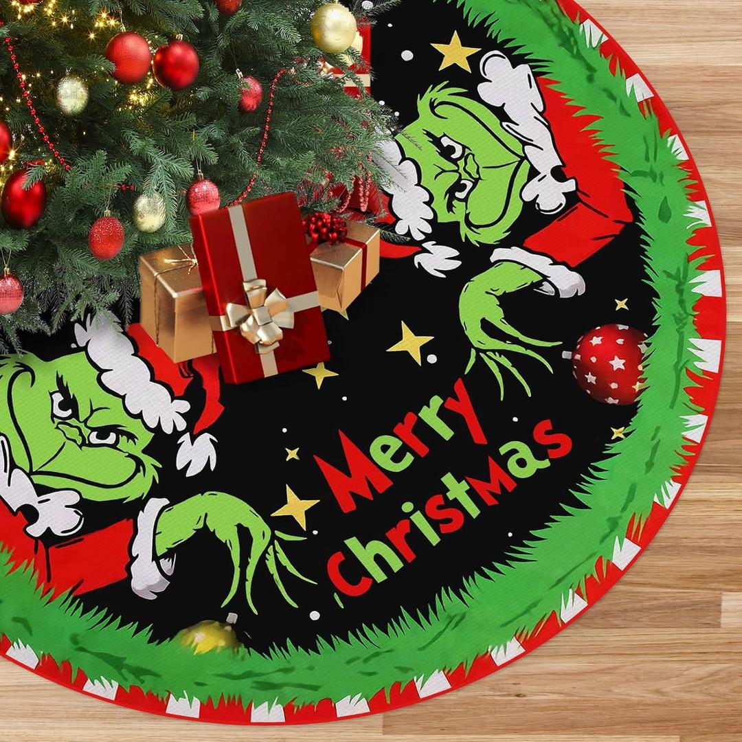 Large Merry Christmas Tree Skirt - 48 Inches Merry Christmas Tree Rug Skirts, Cute Red Green Funny Soft Trimmed Tree Collar Mat for Indoor Outdoor Home Winter Xmas Holiday Party Decorations