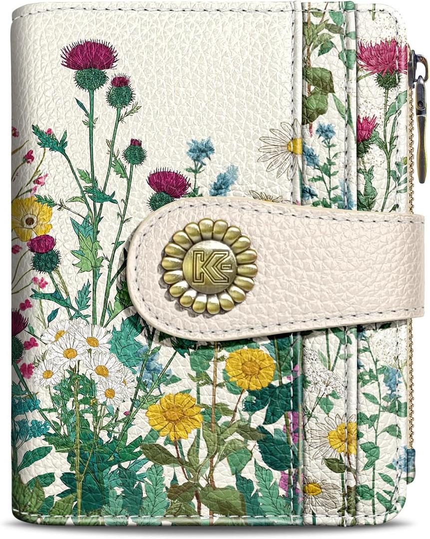 Aesthetic Flower Floral Small Rfid Women Wallet Bifold Zipper Coin Pocket PU Leather Compact Cash Credit Card Holder Travel Wallet for Female Ladies Teen Girls 1 ID Window 10 Card Slots