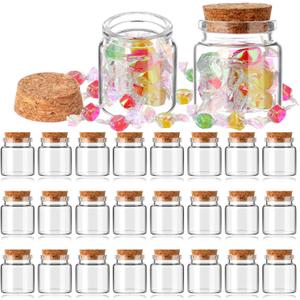 24 Pcs 50ml Mini Glass Bottles, Small Jars with Wood Cork Stoppers, Message Bottles for DIY Art Crafts Gift Valentine Wedding Birthday Party Favors Decorations