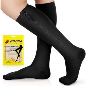 Ailaka Zipper Compression Socks for Men Women - 20-30 mmHg Close Toe Knee High Medical Compression Socks with Zipper, Zip Up Socks for Varicose Veins, Edema, Recovery, Pregnant, Nurse (4X-Large (1 Pair), Black)