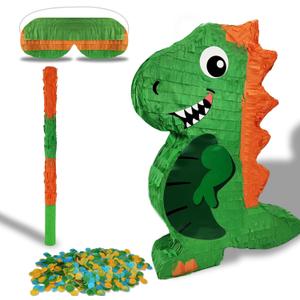 Dinosaur Pinata for Boys Birthday Party with Bat Paper Blindfold and Confetti (16.5 x 12.2 x 3 Inches)