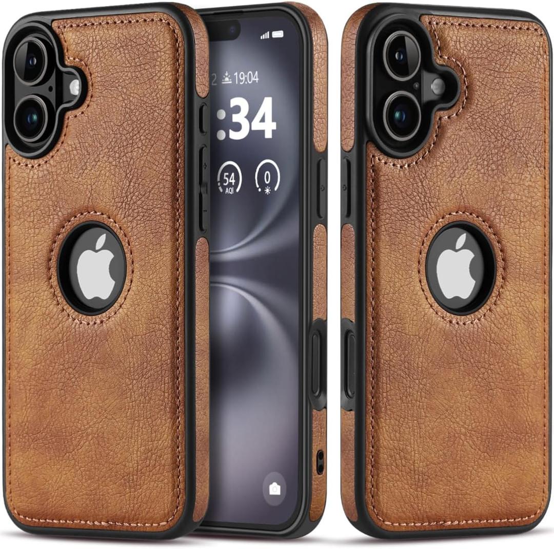 for iPhone 16 Case Luxury Leather Logo Visible Vintage Ultra Slim Protective Cover 2024 6.1 Inch (Brown)