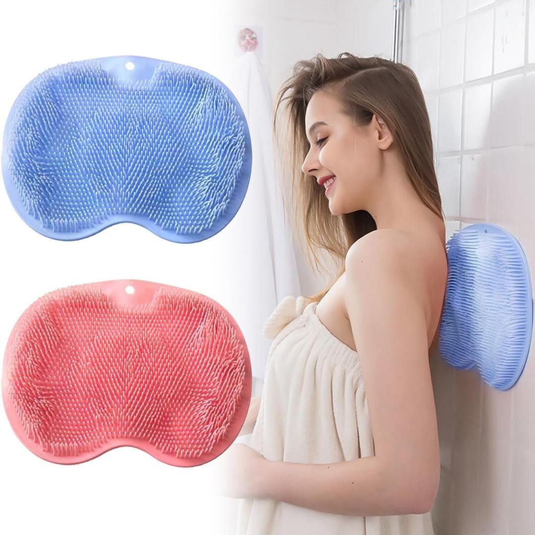 VOPHIA 2 Pack Shower Back & Foot Scrubber, Wall Mounted Back Scrubber Silicone Bath Massage Cushion Brush with Suction Cups, Bathroom Wash Foot Mat Exfoliating Dead Skin Foot Brush (L-Pink Blue)