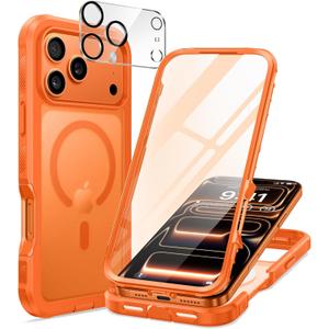 seacosmo for iPhone 17 Pro Max Case, Full Body Bumper with Built-in Tempered Glass Screen and Camera Lens Protector, Compatible with MagSafe, Shockproof 17 Pro Max Phone Case, 6.9", Orange Matte
