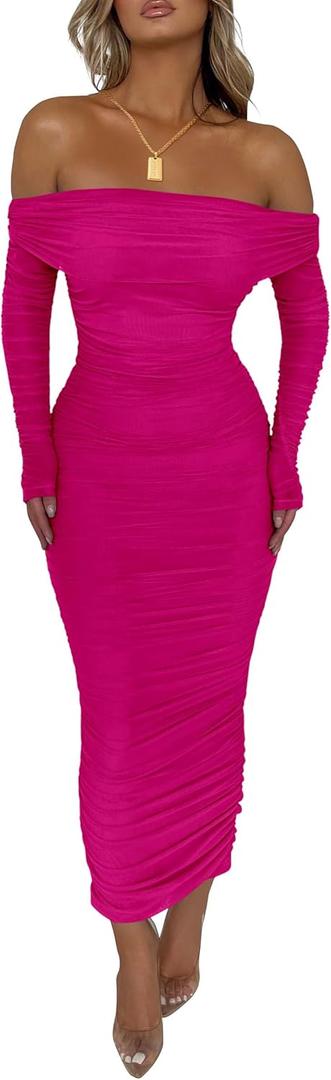 PRETTYGARDEN Women's Fall Off The Shoulder Maxi Dress Spring Long Sleeve Ruched Fitted Bodycon Club Dresses with Slit (Pink)
