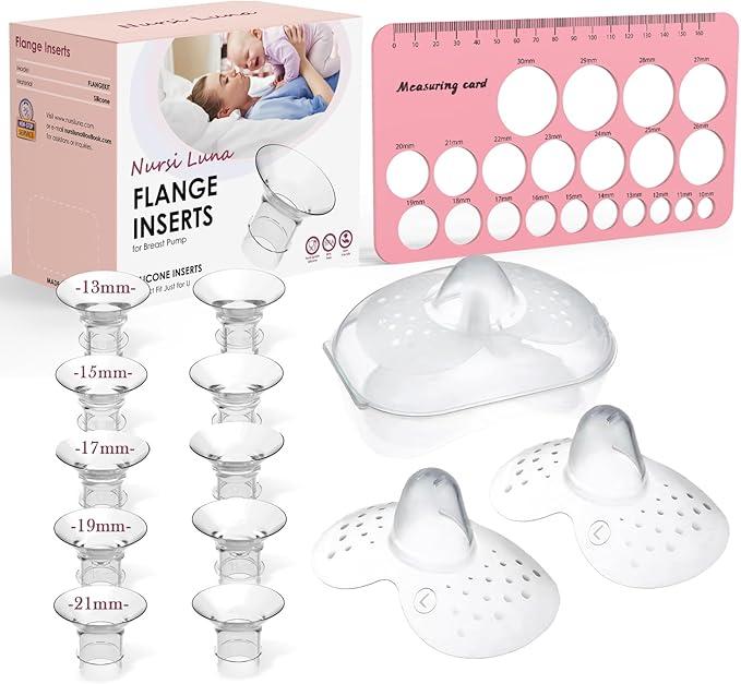 Flange Sizing Kit with Flange Inserts 13/ 15/ 17/ 19/ 21mm 10PCS, Nipple Measurement Tool and 2 24mm Silicone Shields, Breast Pump Flange Insert for 24mm Most Pumps, Pumping Breastfeeding Essentials