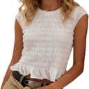 Smocked Tops for Women White Crewneck Cap Sleeve Top Tee Cotton Shirred Ruffle Crop Tank Tops Shirt, Medium, White
