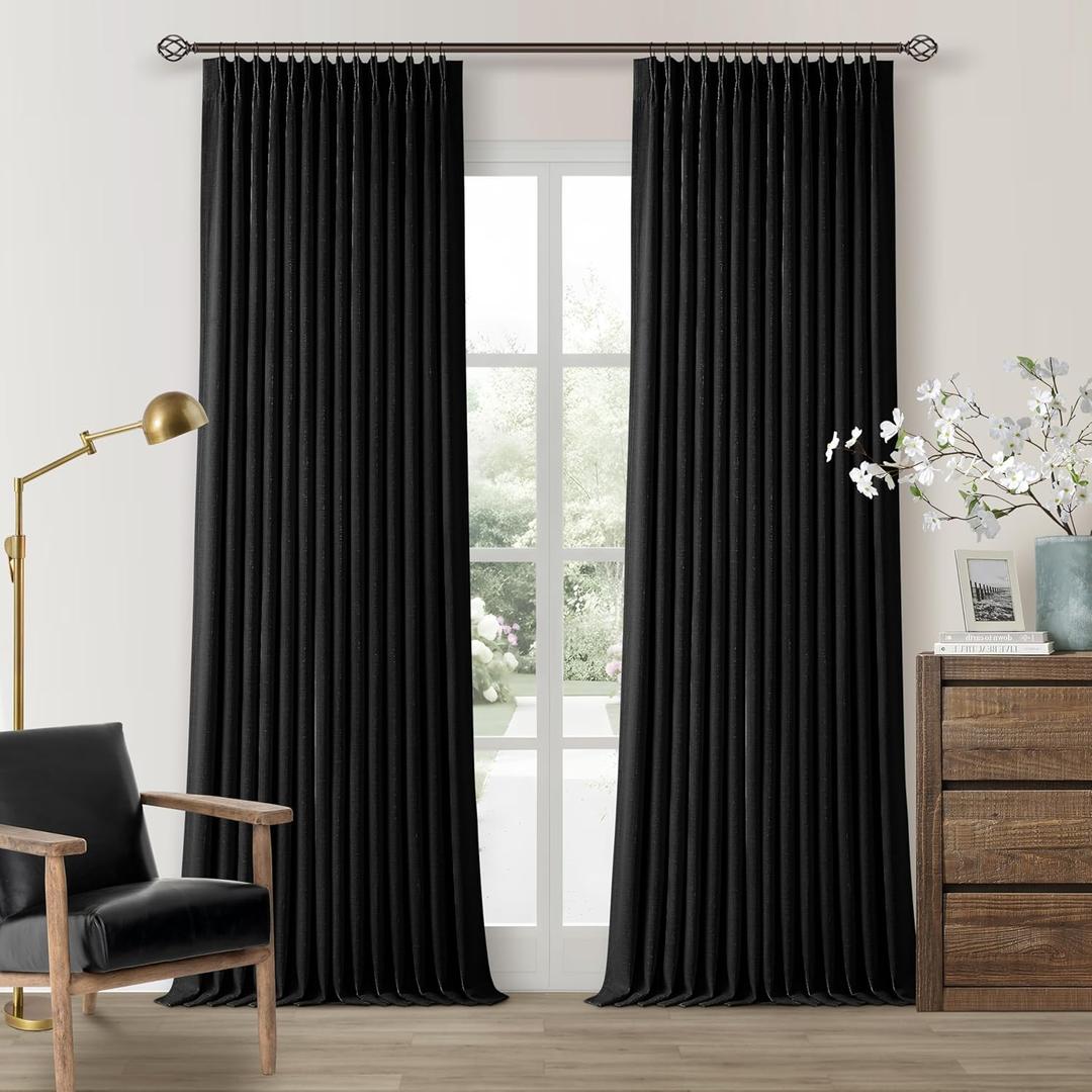 100 Inch Floor Length Linen Blackout Curtains for Bedroom Pinch Pleated Full Black Out Thermal Insulated Window Drapes Light Blocking Double Layer Soundproof 100 Inch Black Curtain 2 Panels Set