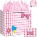 3 x 13" Large Pink Bow Birthday Gift Bag (Including Card, Tissue Paper, Envelope And Sticker), Pink-Themed Birthday Party Supplies, Suitable For Girls' Birthdays, Baby Showers, Weddings And Bridal Showers