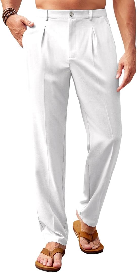 Runcati Mens Casual Pants Elastic Waist Lightweight Loose Fit Pleated Slacks Summer Beach Yoga Trousers (White)
