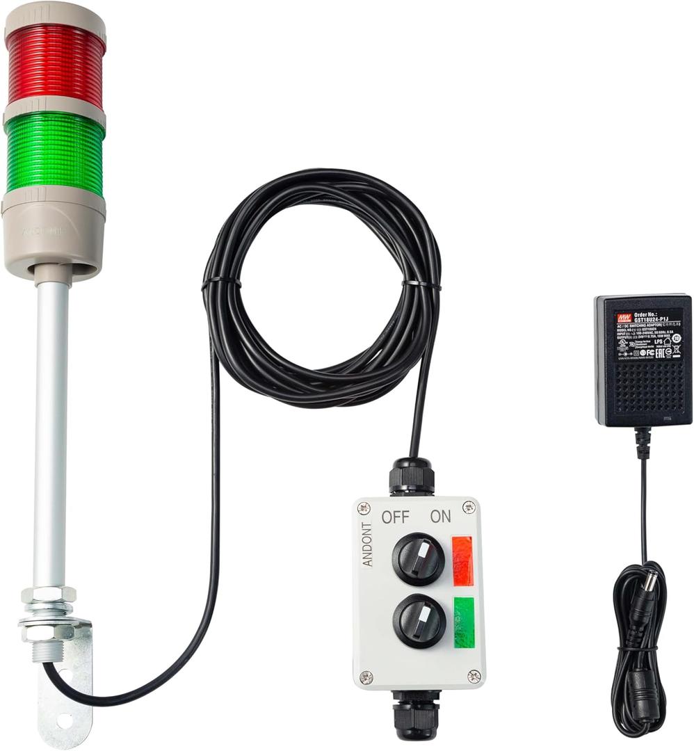 2 Stack Super Bright LED Andon Tower Lights with Buzzer, Red/Green, Off-ON or Flash,16 ft Extension Cord, 6 ft Industrial Adapter, IP53, 2.36" Diameter 15.6" Length, Plug Play Ready