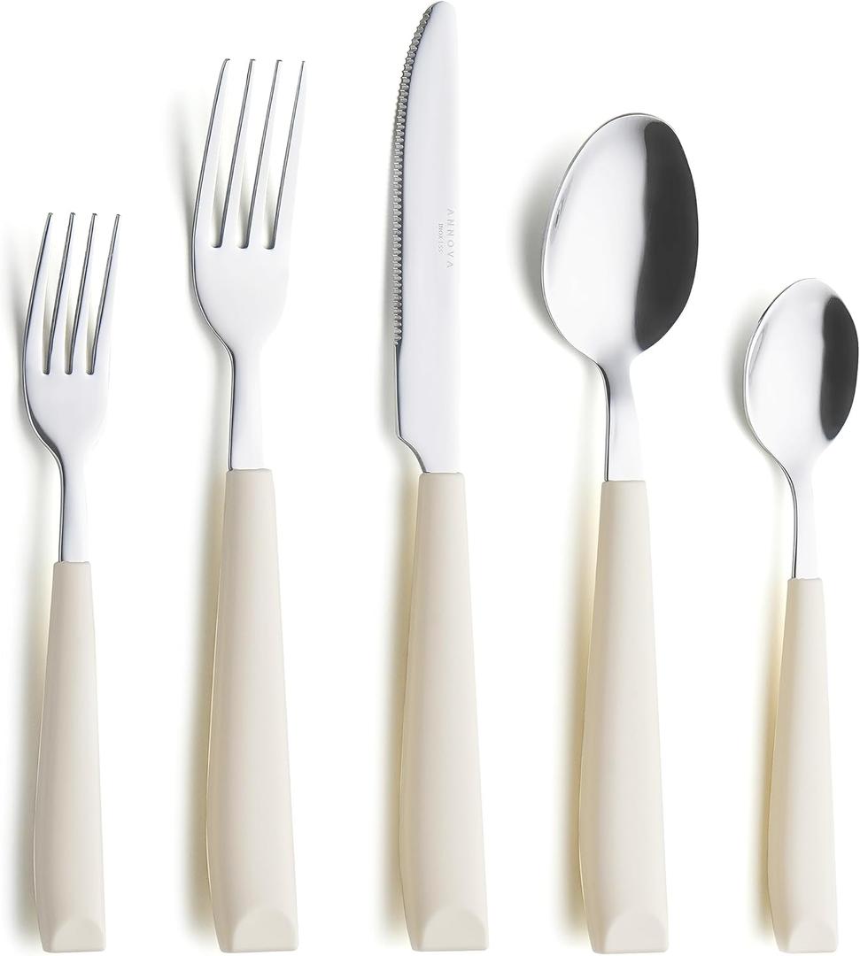 ANNOVA Silverware Set Stainless Steel Colorful Handle Tableware Kitchen Flatware Set Utensils, Includes Dinner Knives, Forks, Spoons, Salad Forks & Dessert Spoons (Cream, 20 Pieces)