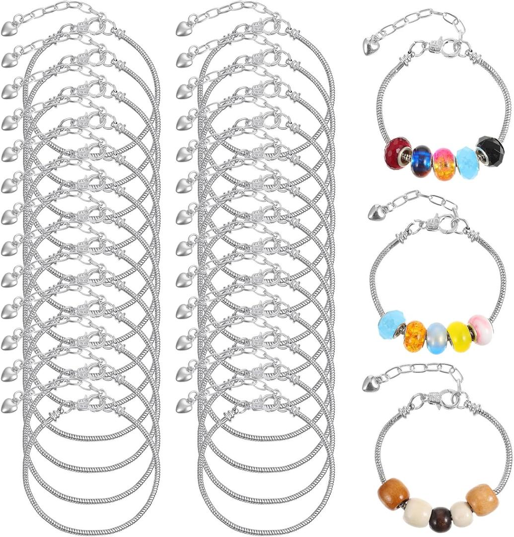 27 Pcs 6.3 Inch Snake Charm Bracelet Chain Adjustable Charm Bracelets Chain with Heart Shape Extender and with Lobster Clasp DIY Bracelet Chains Bulk for Women Jewelry Making (Silver)