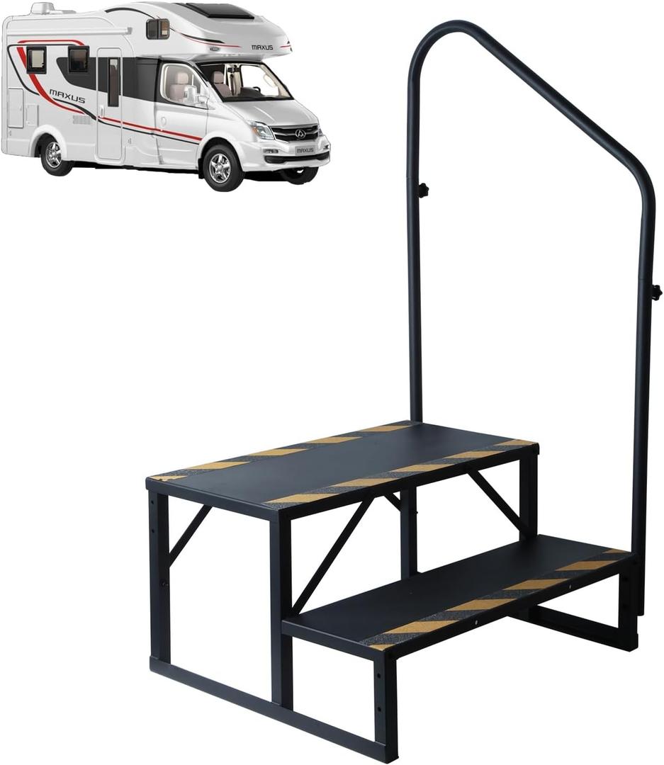 2-Step RV Steps with Handrails Ladder, Steps for Home, 400 lbs Hot Tub Outdoor Steps, RV Stairs, Camper Steps, Portable Stairs for Mobile Home