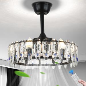 Modern 21" Black Flush Mount Ceiling Fan with Light & Remote - 6 Speeds, Crystal Chandelier Design, E12 Base Bulbs - Crystal Fandelier for Dining Room, Bedroom, Living Room