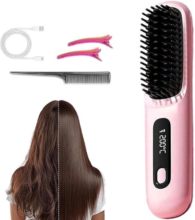 Glow Wave Heated Brush for Short Hair, 3 Heat Settings & LED Screen & USB Rechargeable, Anti Scald Design, Lightweight Portable, for Hairs Styling Travel, Home