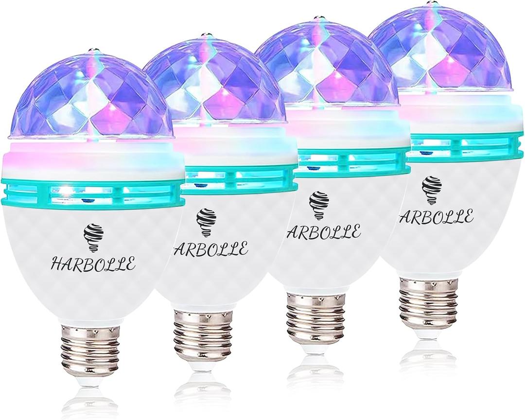 4 Pack RGB Color Rotating Bulb,E26/E27,LED Party Bulbs Colored Strobe Light Bulb Multi Crystal Stage Lights for Disco, Birthday Party Club Bar for Indoor Parties, Photography