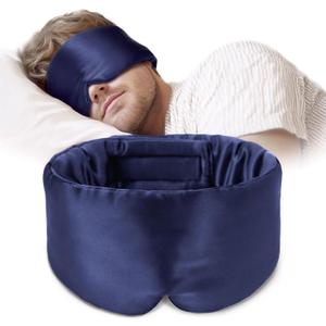 Silk Sleep Mask Soft Pressureless: 100% Mulberry Silk for Eye Skin Anti Wrinkles, Large Size for Total Blackout, Adjustable Wide Velcro Ear Cover (Navy)