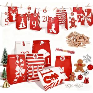 Whaline 25 Pcs Christmas Advent Calendar Bag 25 Days Countdown Party Favor Bags with Wood Clips Sticker Red White Xmas Tree Snowman Paper Treat Bags Candy Goodie Bag for Holiday New Year Supplies
