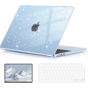 EooCoo Case Compatible with MacBook Air 13 inch M5 2026-2022 Release M4 M3 M2 A3449 A3240 A3113 A2681, Glitter Hard Shell&Keyboard Skin Cover&Screen Protector for Mac Air 13.6 inch, Sparkly SkyBlue