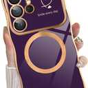 Fiyart Cute Magnetic Wave Frame Curly Shape for Samsung Galaxy S24 Ultra Case with Screen Protector, Luxury Plating Shockproof Phone Case for Women Girls for Samsung Galaxy S24 Ultra,Dark Purple
