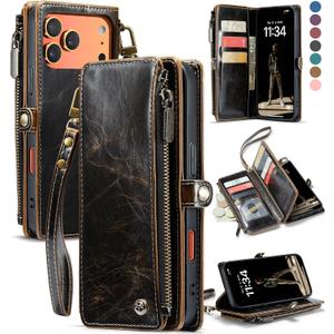 Defencase Compatible with iPhone 17 Pro Case Wallet with RFID Blocking Card Holder for Women Men, Fashion PU Leather Magnetic Snap Flip Zipper Strap Wallet Phone Case for iPhone 17 Pro 6.3", Coffee
