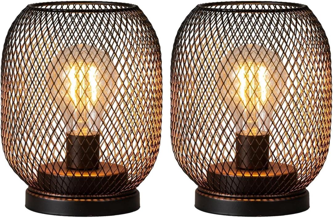 DECORKEY Set of 2 Battery Operated Lamp LED Table Lantern, Brown Metal Cage Cordless Lamps with LED BulbVintage Decorative Outdoor Lantern for Weddings, Parties, Patio, Events for Indoors Shelf Decor
