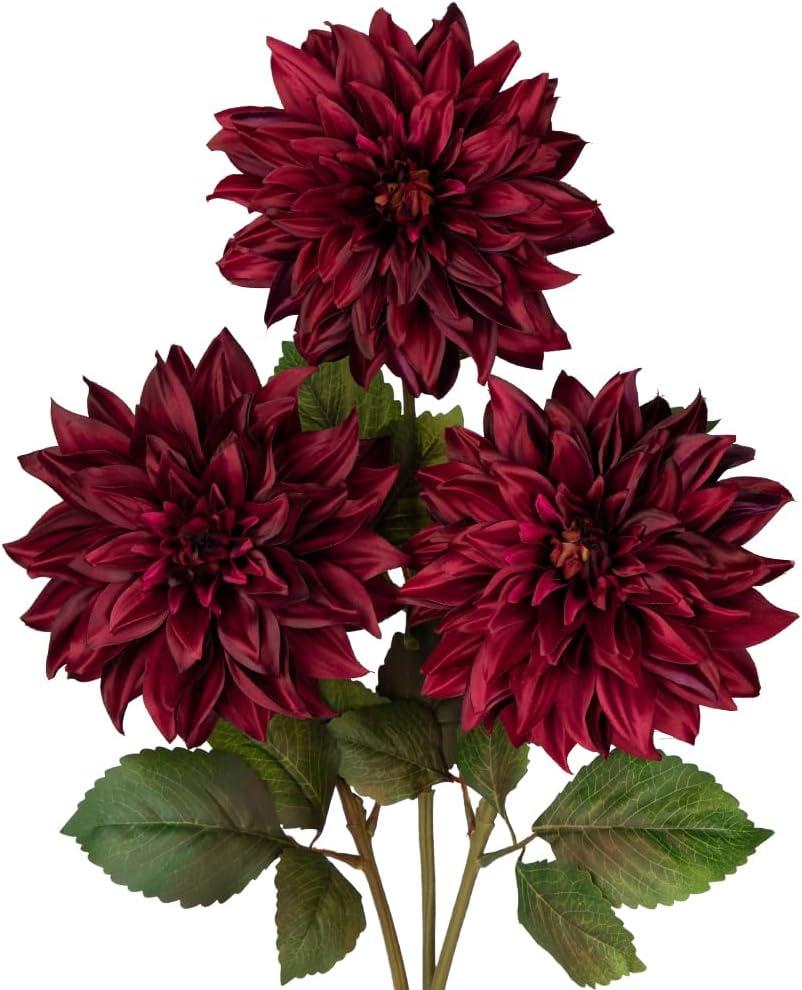 Hollyone 3Pcs Dark Red Fake Dahlia Flowers Fall Flowers Artificial for Decoration Silk Flower with Long Stem 28" Floral Arrangements Bouquets Autumn Faux Dahlias Centerpieces Fall Decorations for Home