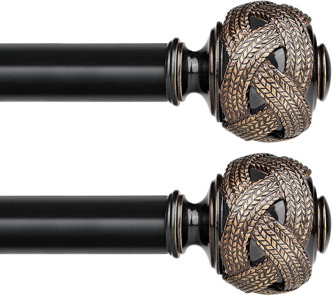 2 Pack Curtain Rod 32 to 58 Inches (2.6 to 4.8 ft), USFOOK 7/8 Inch Telescoping Splicing Curtain Rods for Windows 20 to 53 Inch, Black Drapery Rod with Leaf Finials