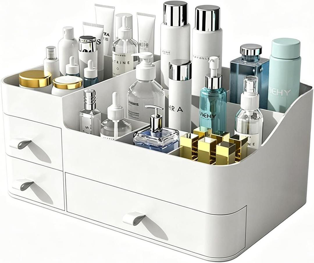 MIUOPUR Makeup Organizer with Drawers, Bathroom Counter Organizer, Plastic Cosmetic Display Case, Large Skincare Storage for Vanity Countertop, Ideal for Bedroom Dresser top and Desktop (Artic White)
