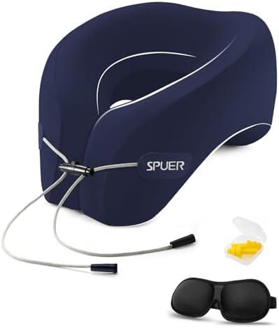 Travel Pillows for Airplanes, Neck Pillow Airplane, Airplane Travel Accessories with Eye Mask, Earplugs & Storage Bag, Ergonomic Memory Foam Neck Pillow for Sleeping, Flights, Cars, Office (Navy Blue)