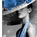 Kalormore Modern Canvas Wall Art Black White Woman Portrait with Sparkling Blue Roses Hat and Dress Gallery Wrapped Contemporary Painting for Living Room Home Decor Easy to Hang 24"x36" (Blue)
