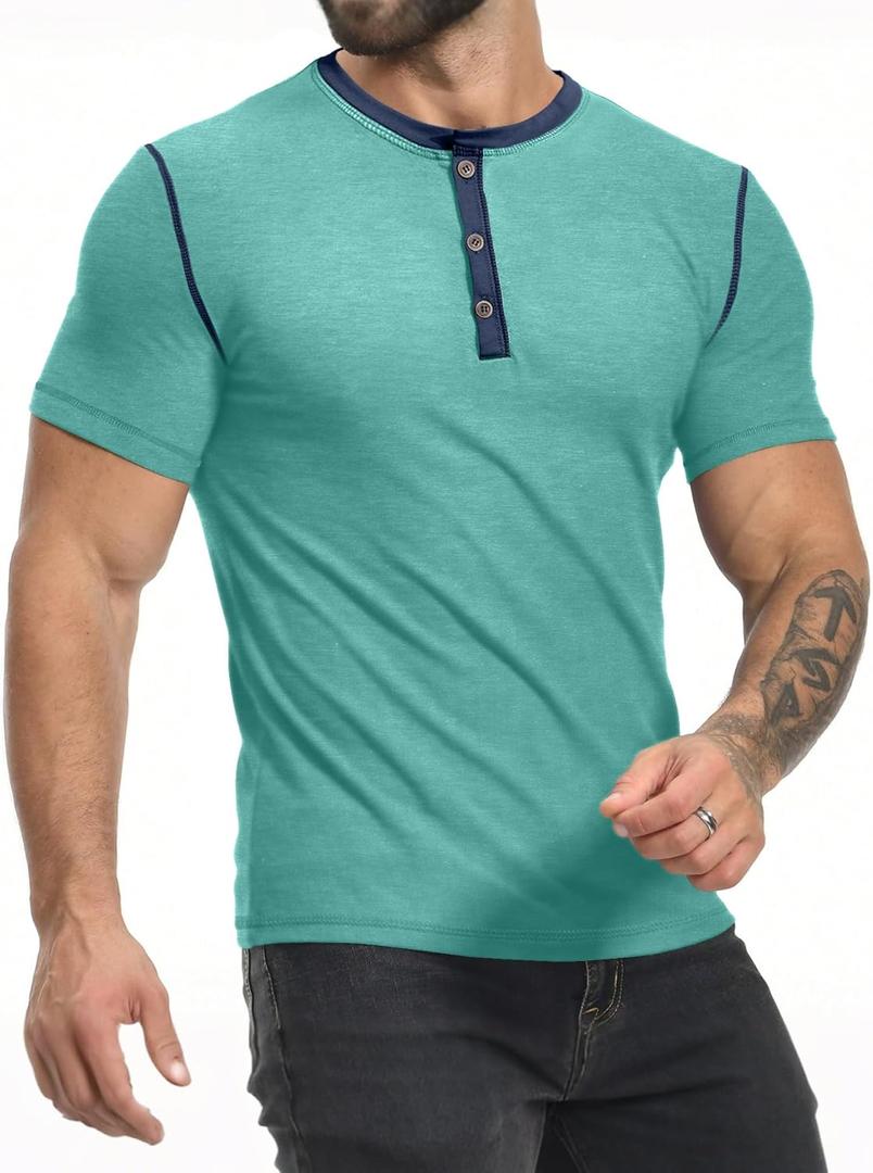 PLEPAN Mens Henley Shirts Crewneck Short Sleeve Casual Cotton T-Shirts with Contrast Color Collar (Large, Blue-green)