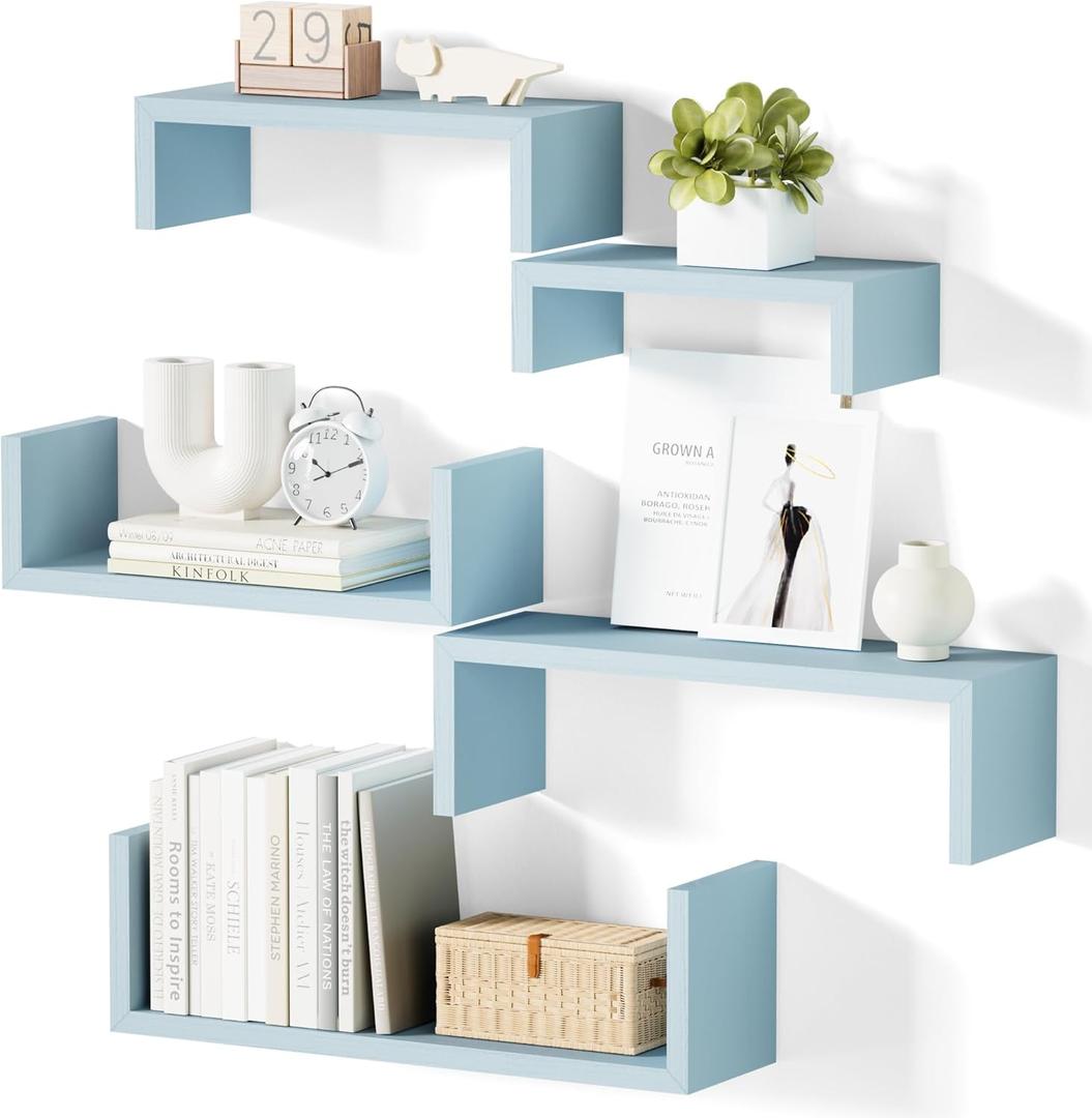 SRIWATANA Floating Shelves for Wall, Wall Shelves for Bathroom, Bedroom, Living Room, Kitchen, Office, Wood Shelves for Wall Decor Set of 5 (Blue)