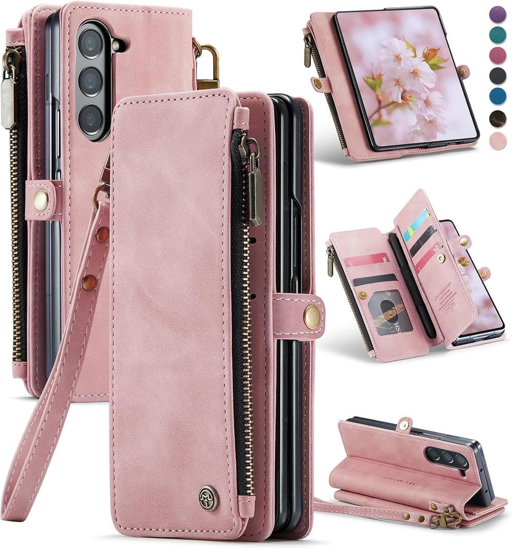 Defencase Wallet Case Compatible with Samsung Galaxy Z Fold 5 with RFID Blocking Card Holder & S Pen Holder PU Leather Magnetic Snap Flip Zipper Strap Phone Case Fit for Galaxy Z Fold 5, Rose Pink