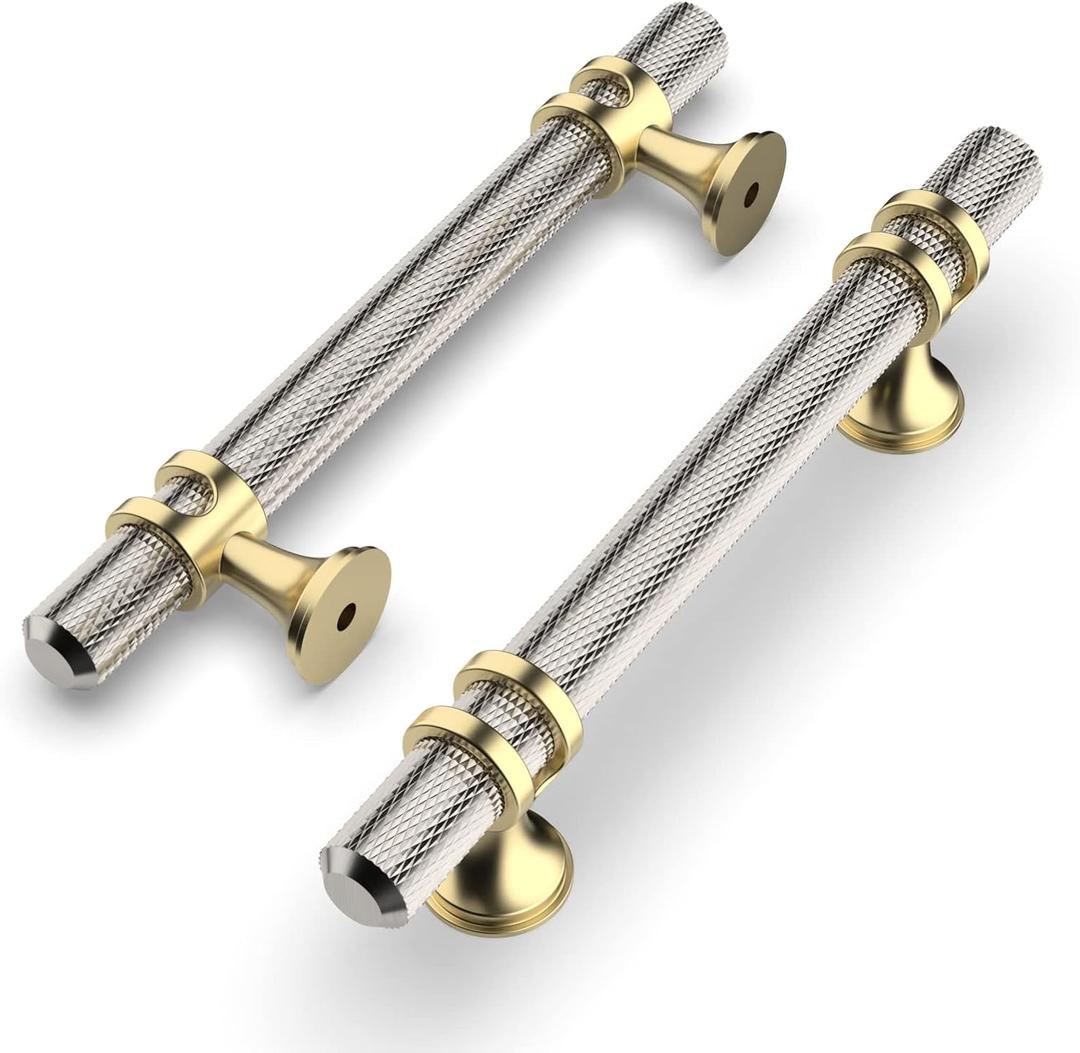 Amerdeco 10 Pack Knurled Brushed Satin Nickel Cabinet Pulls 5 Inch Length (3 Inch Hole Center) Kitchen Cabinet Handles for Drawer Dresser, Cupboard and Wardrobe ZH0025 (3"/76MM Hole Center, Nickel+gold)