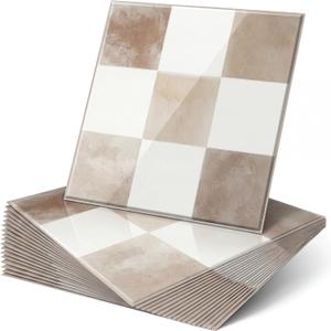 Nuanchu 20 Pcs Beige Luxor Peel and Stick Backsplash 7.75" x 7.75" 3D Adhesive Peel and Stick Wall Tiles Waterproof Checkered Backsplash for Kitchen Bathroom Fireplace