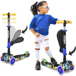 Hurtle 3-Wheeled Scooter for Kids - Wheel LED Lights, Adjustable Lean-to-Steer Handlebar, and Foldable Seat - Sit or Stand Ride with Brake for Boys and Girls Ages 1-14 Years Old (Graffiti)